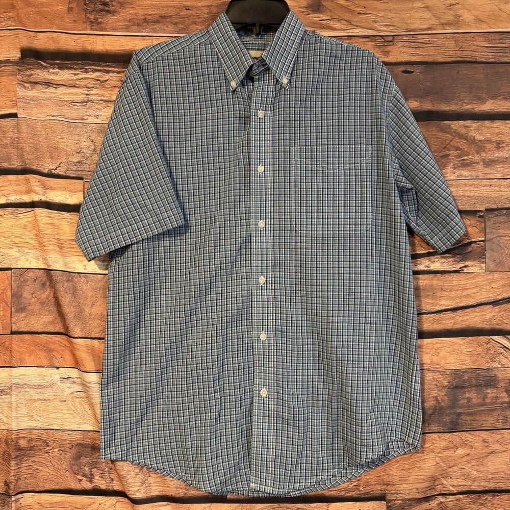 Wrangler Riata Shirt Mens Medium Blue Green Plaid Button Down Short Sleeve 22x30